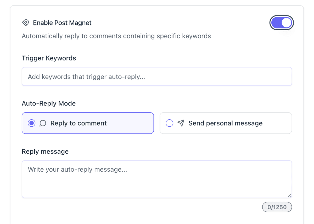 Post Magnet dashboard screenshot showing trigger keyword setup