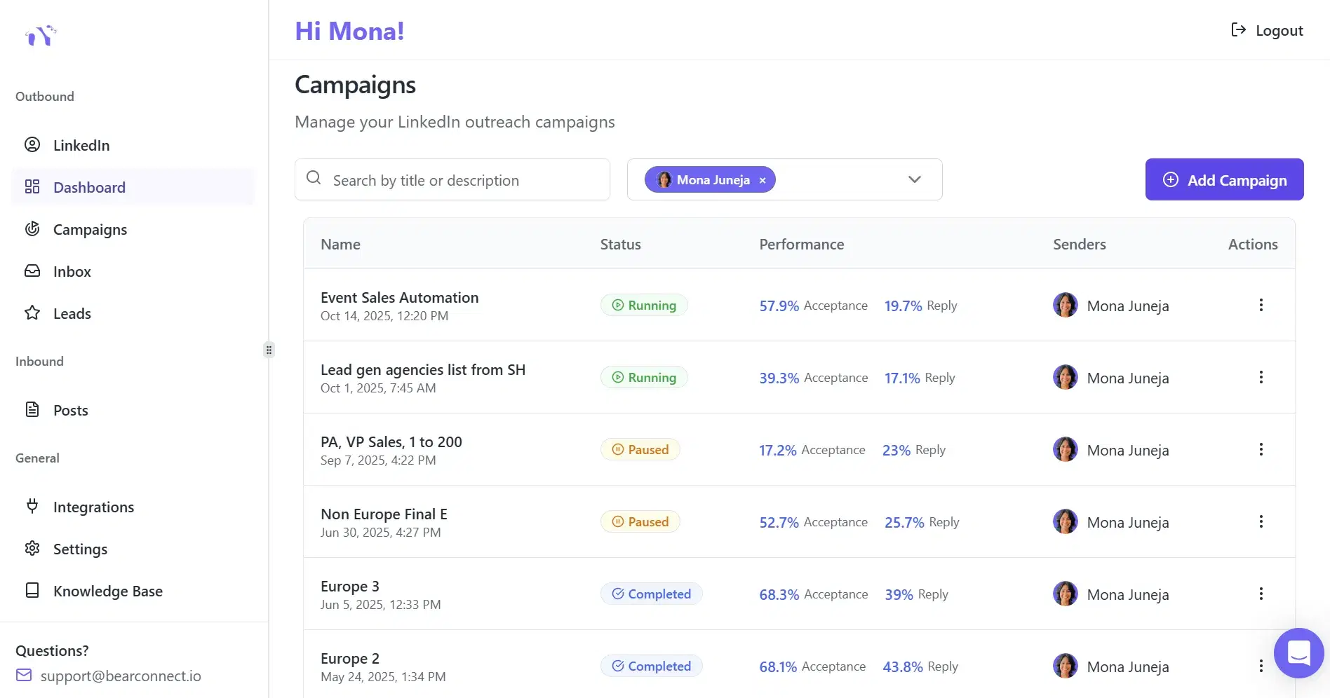 Bearconnect LinkedIn Account Manager Interface