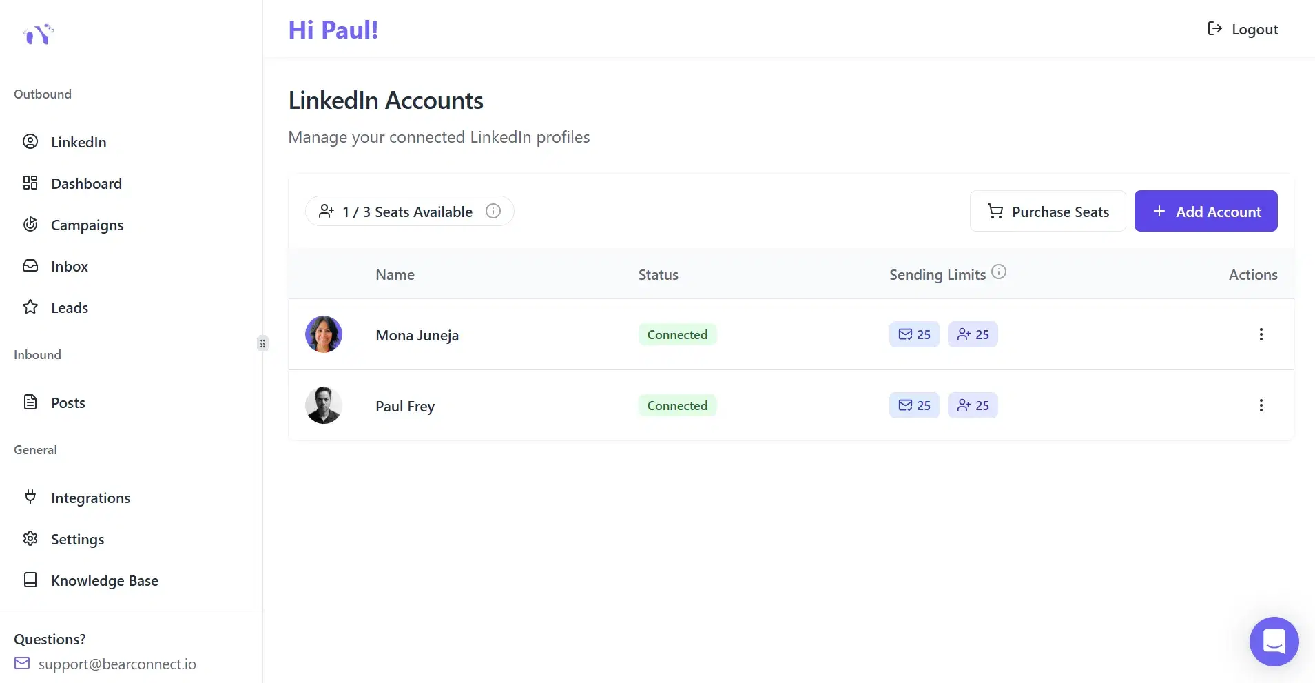 Bearconnect LinkedIn Account Manager Interface