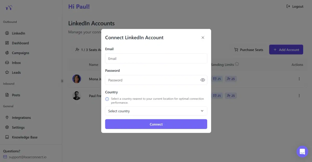 Multiple LinkedIn accounts dashboard