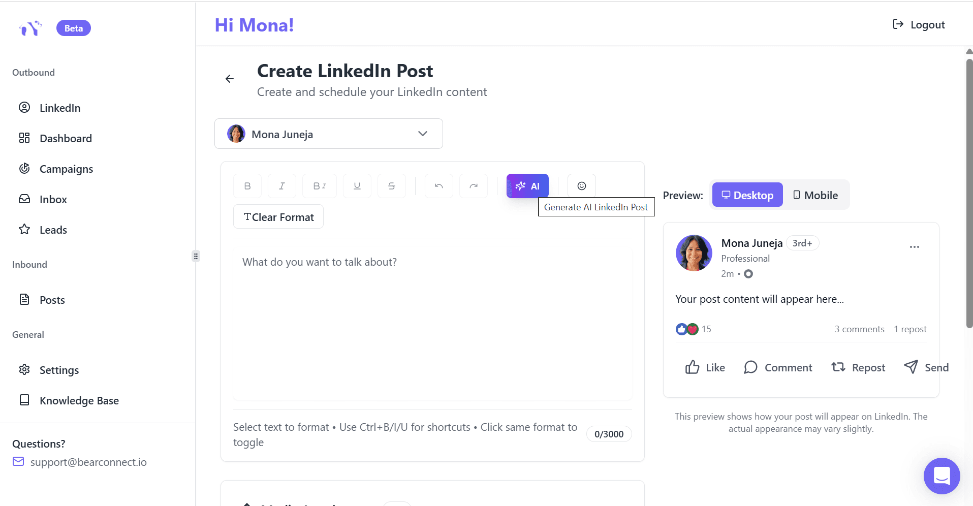 Bearconnect LinkedIn Account Manager Interface