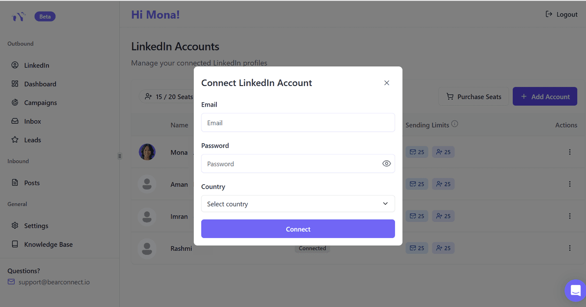 Multiple LinkedIn accounts dashboard