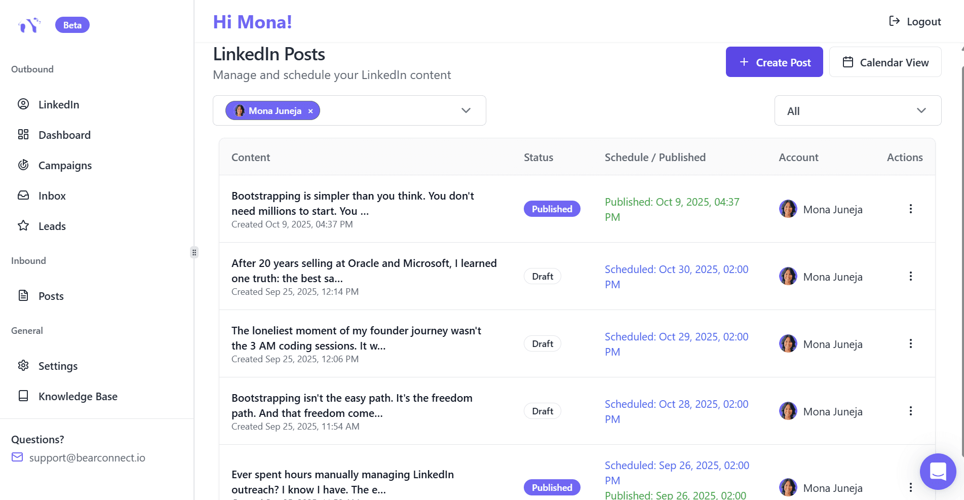 Bearconnect LinkedIn Account Manager Interface