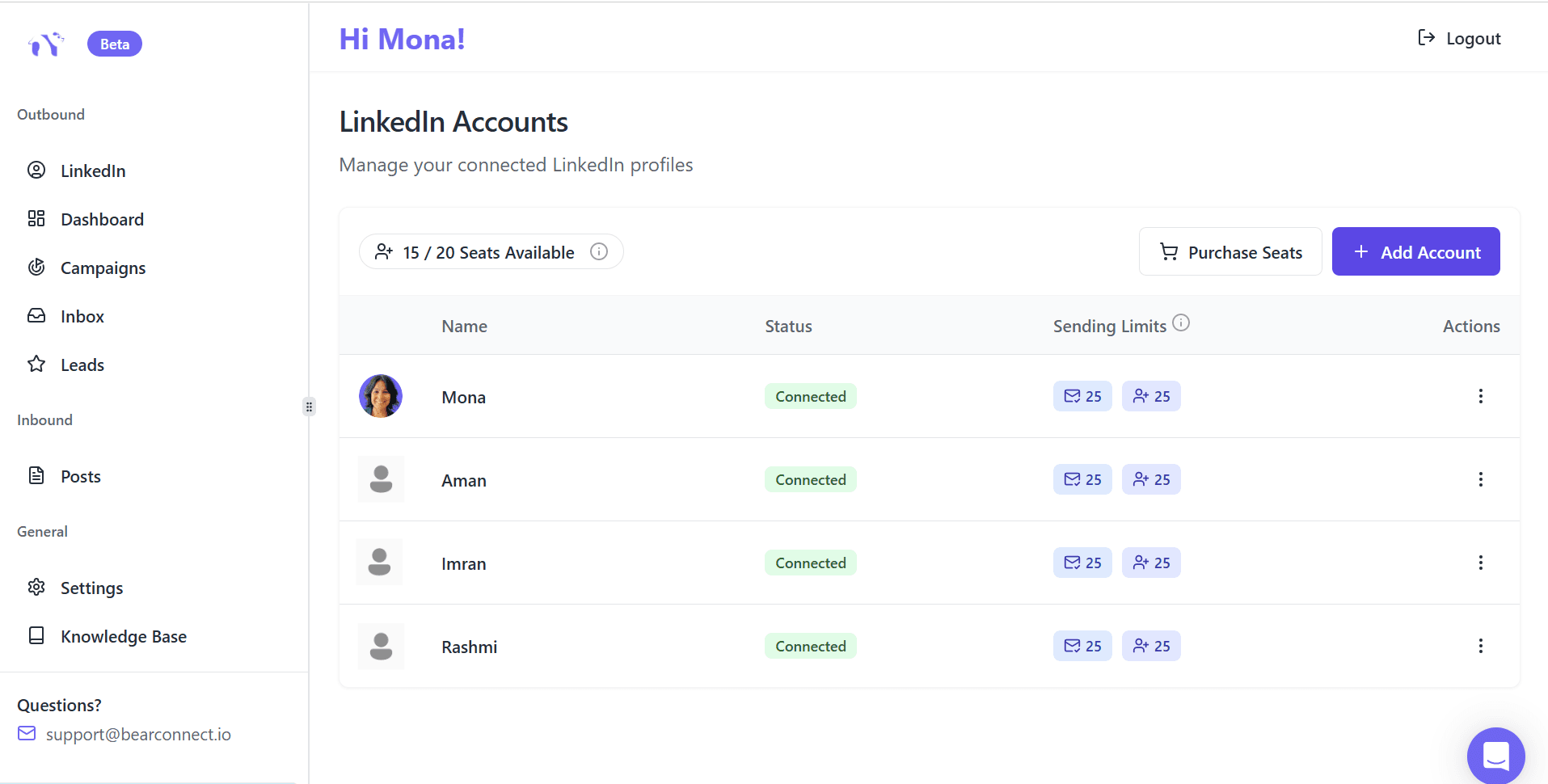 Bearconnect LinkedIn Account Manager Interface