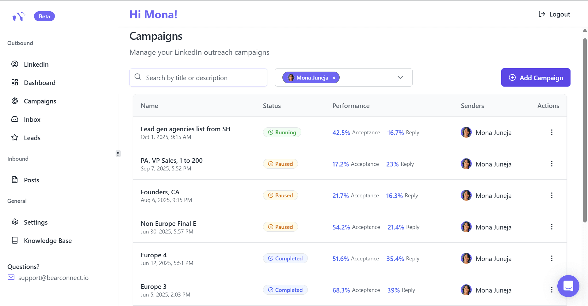 Bearconnect LinkedIn Account Manager Interface