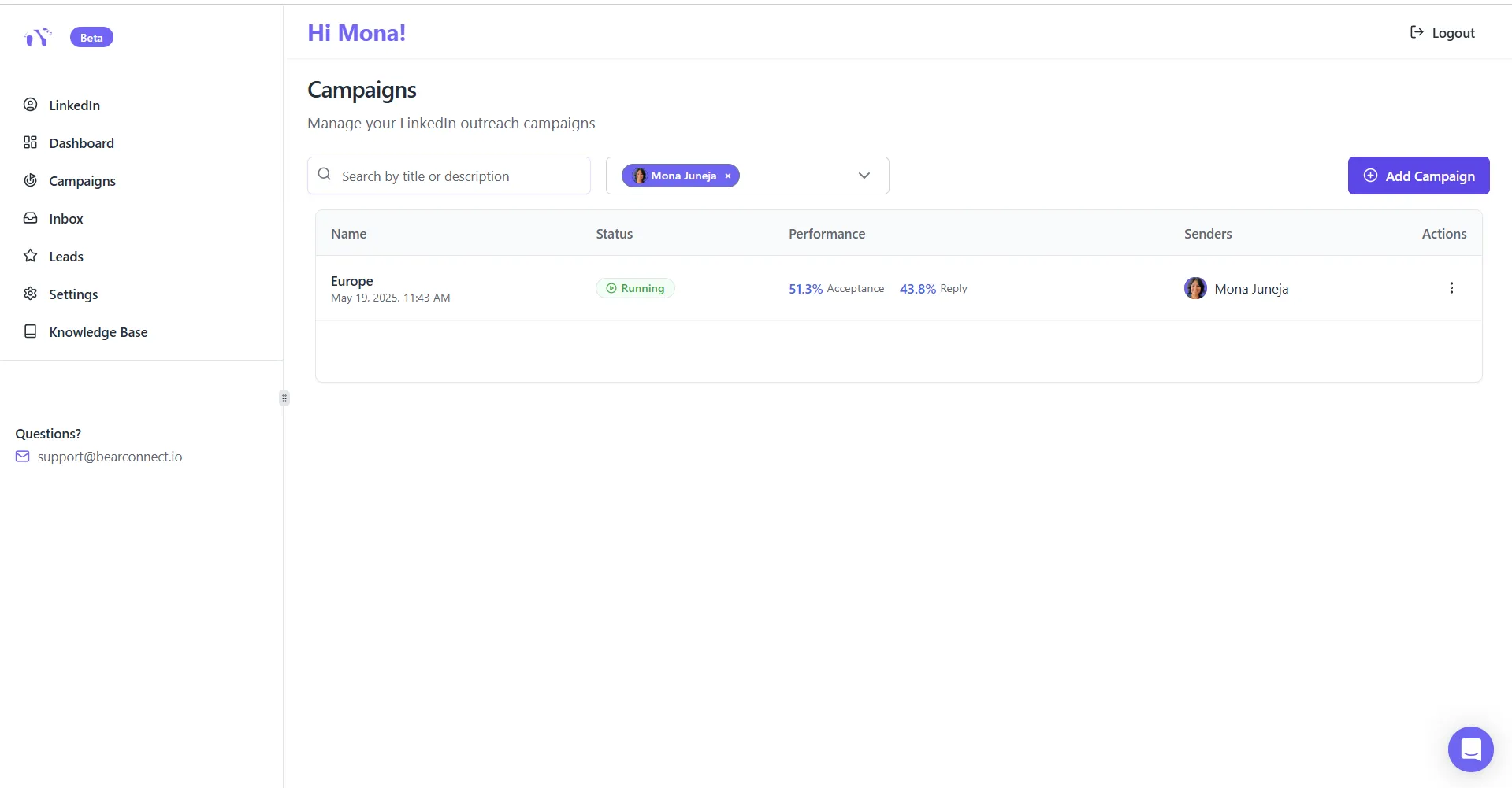 Bearconnect LinkedIn Account Manager Interface