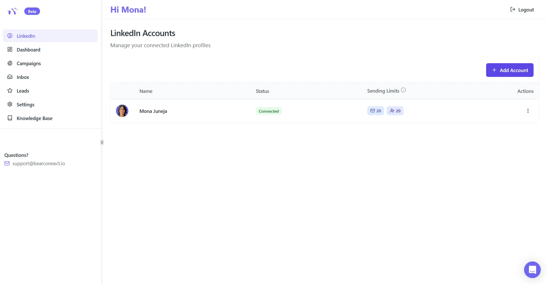 Bearconnect LinkedIn Account Manager Interface