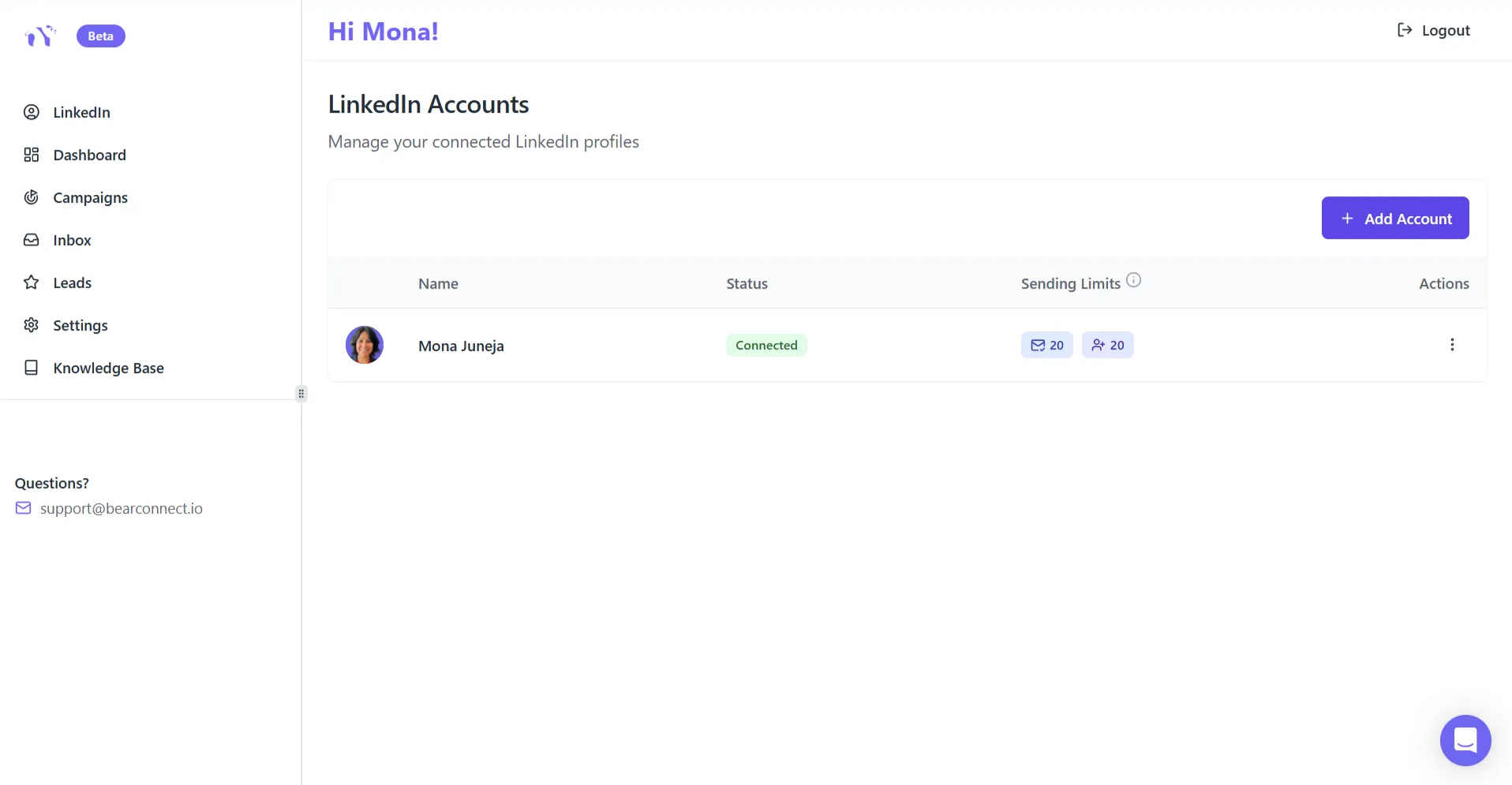 Bearconnect LinkedIn Account Manager Interface